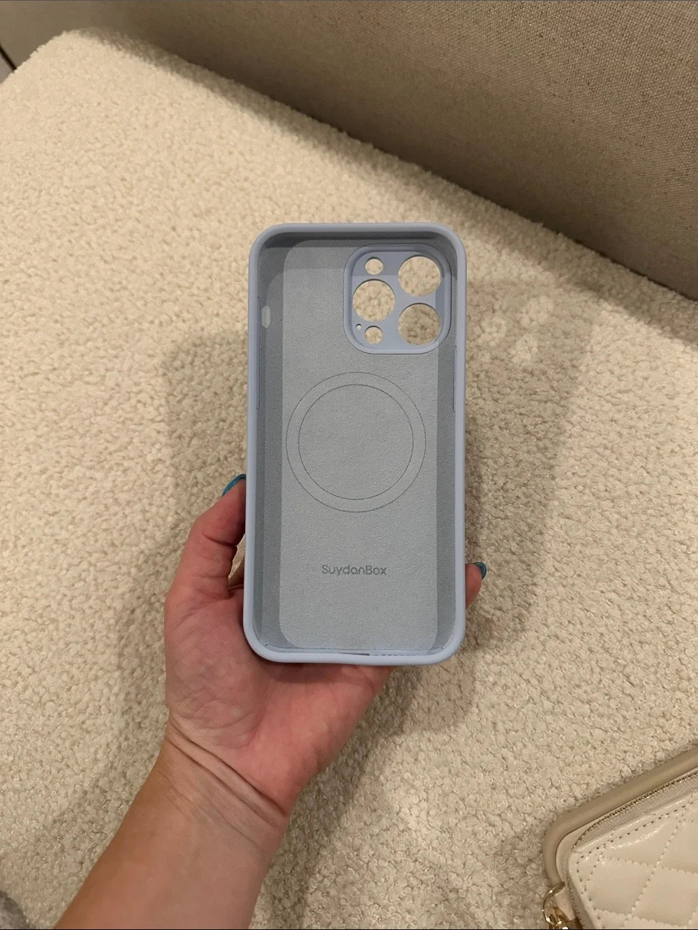iPhone 14 Pro Max - Cream Quilted Phone Case with Gold Chain and Blue Phone Case